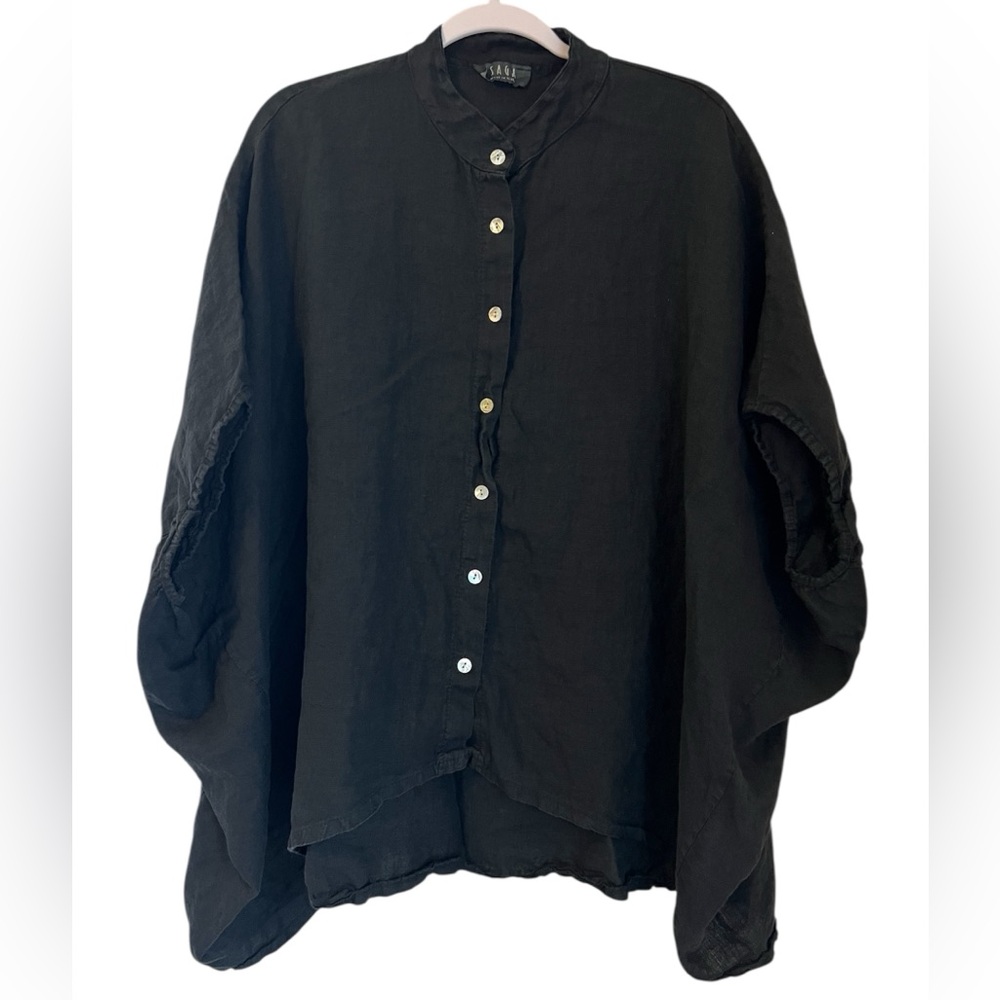 SAGA Made In Italy 100% Linen Poncho Top Women’s OS Black Button Up Lagenlook